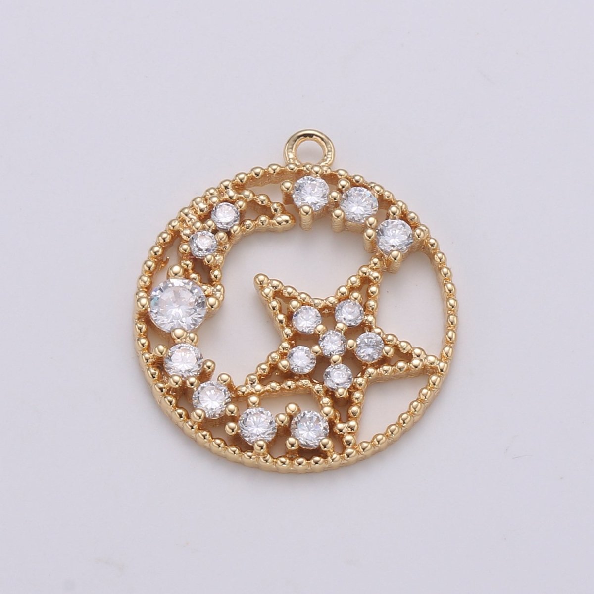 Gold Plated Zirconia Crescent Moon and Star in Circle Charm CZ Moon & Star Micro Pave Charm Pendant GP-673 - DLUXCA