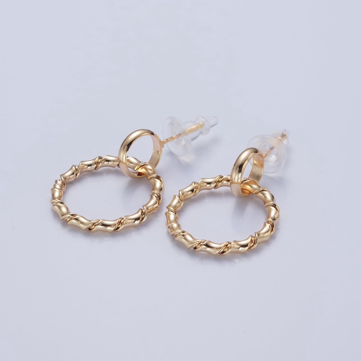 Gold Post Hoop Earrings, Bamboo Hoop Earrings Minimalist Earring V-398 - DLUXCA