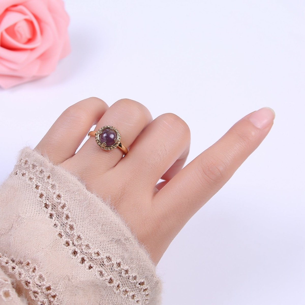 Gold Purple Amethyst Rings | Gemstone Round Ring | Gold Gem Stone Rings | Chunky Gold Statement Ring U-369 - DLUXCA