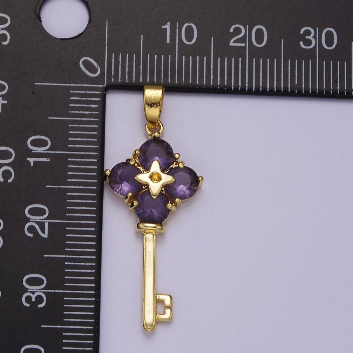 Gold Purple CZ Flower Key Pendant J-528 - DLUXCA
