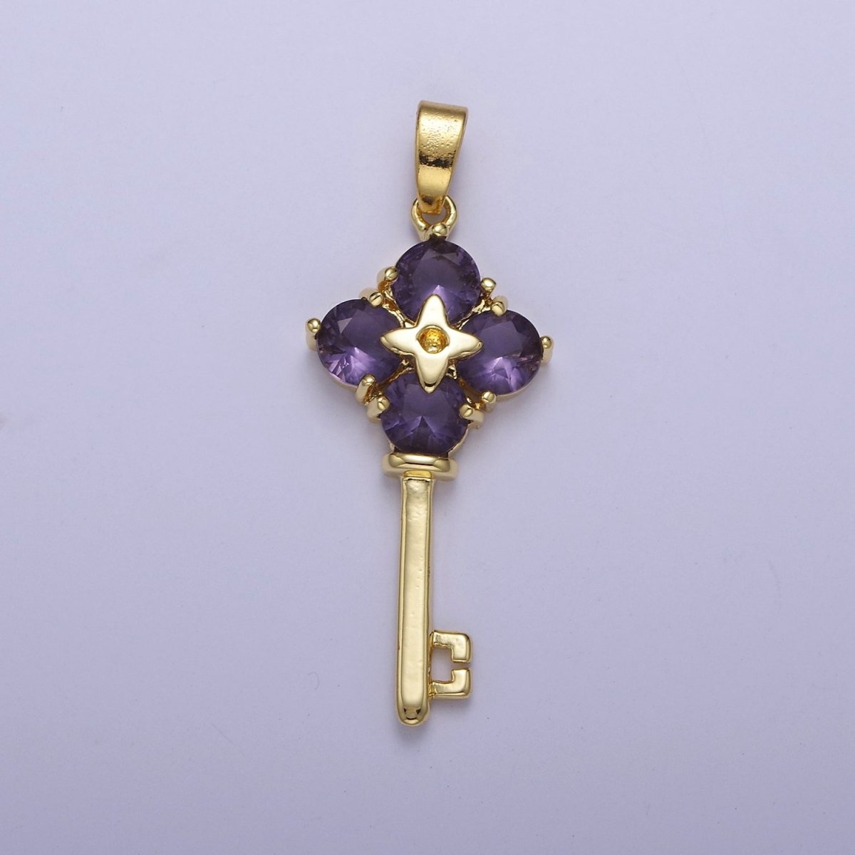 Gold Purple CZ Flower Key Pendant J-528 - DLUXCA