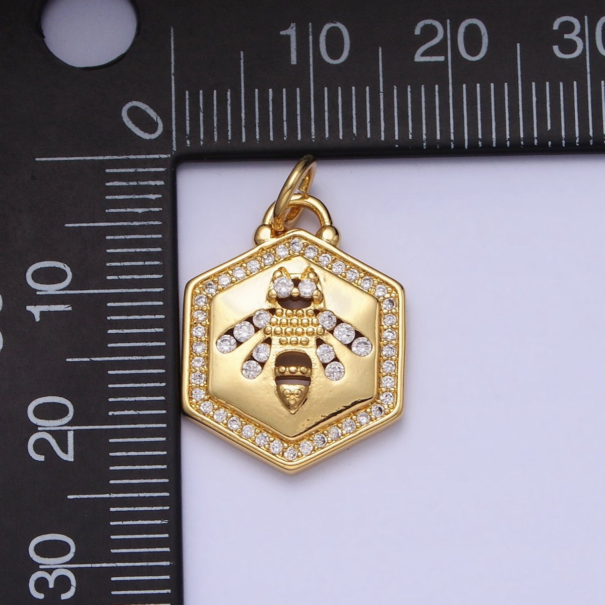 Gold Queen Bumble Bee Insect Micro Paved CZ Hexagonal Charm | AC378 - DLUXCA