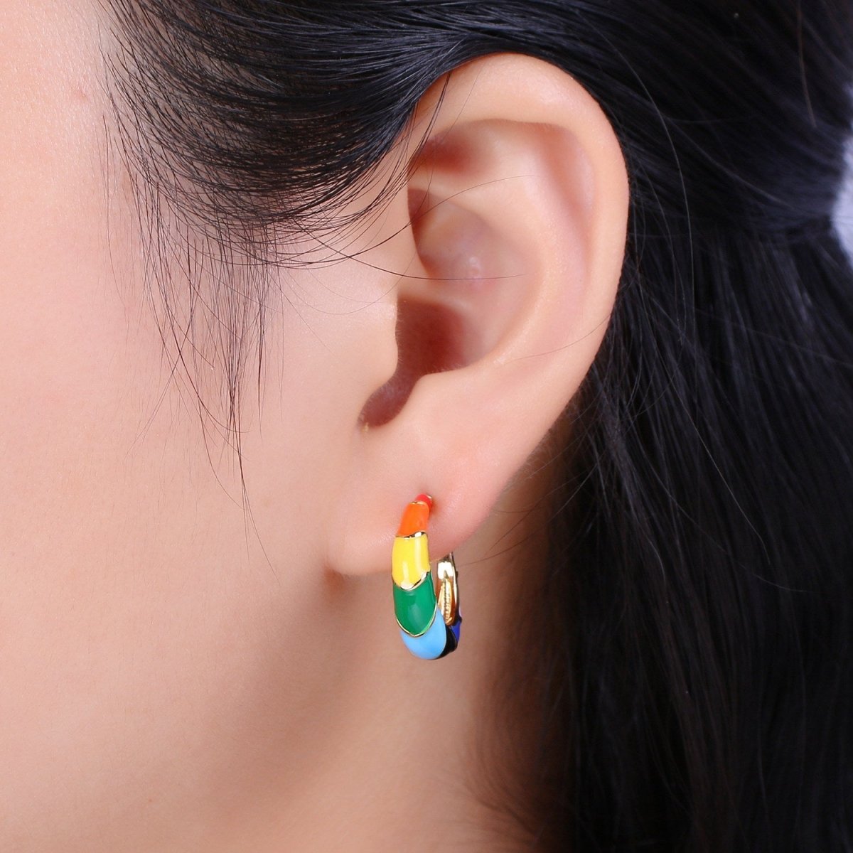 Gold Rainbow Hoop Earrings Enamel Earrings LGBTQ Earrings Rainbow Statement Earring 20MM T-163 - DLUXCA
