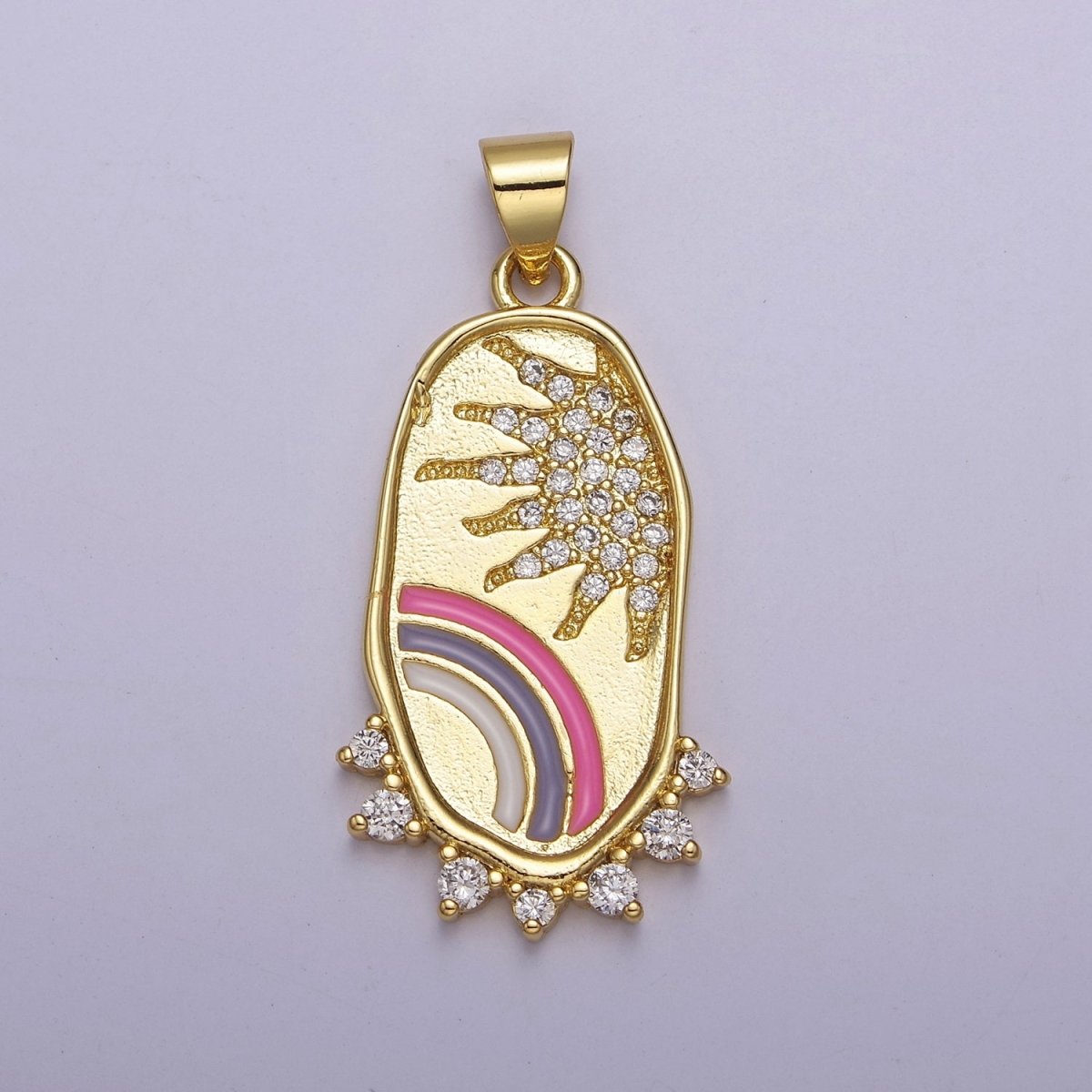 Gold Rainbow Medallion Pendant Oval Sun CZ Celestial Jewelry for Necklace Earring Charm J-737 - DLUXCA