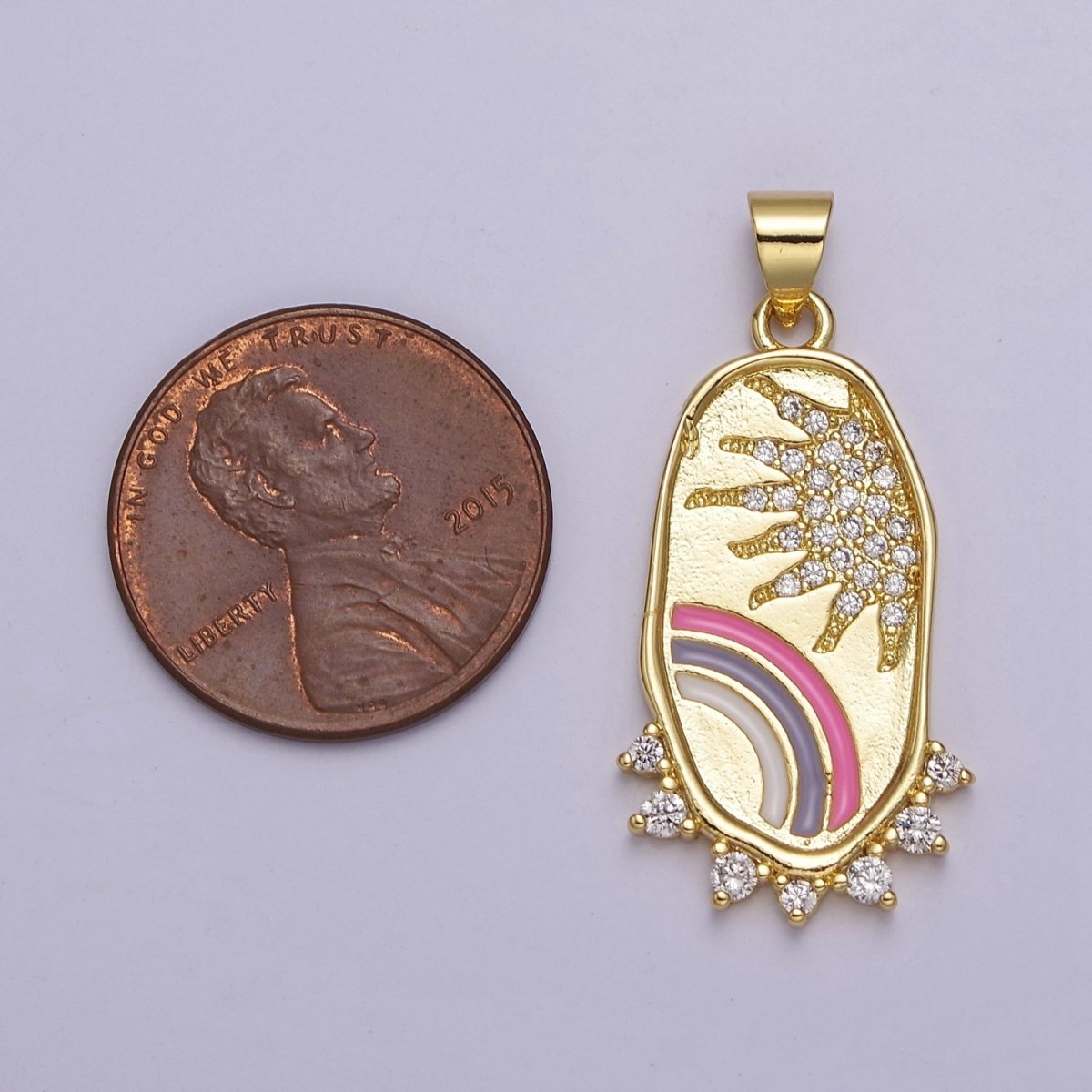 Gold Rainbow Medallion Pendant Oval Sun CZ Celestial Jewelry for Necklace Earring Charm J-737 - DLUXCA