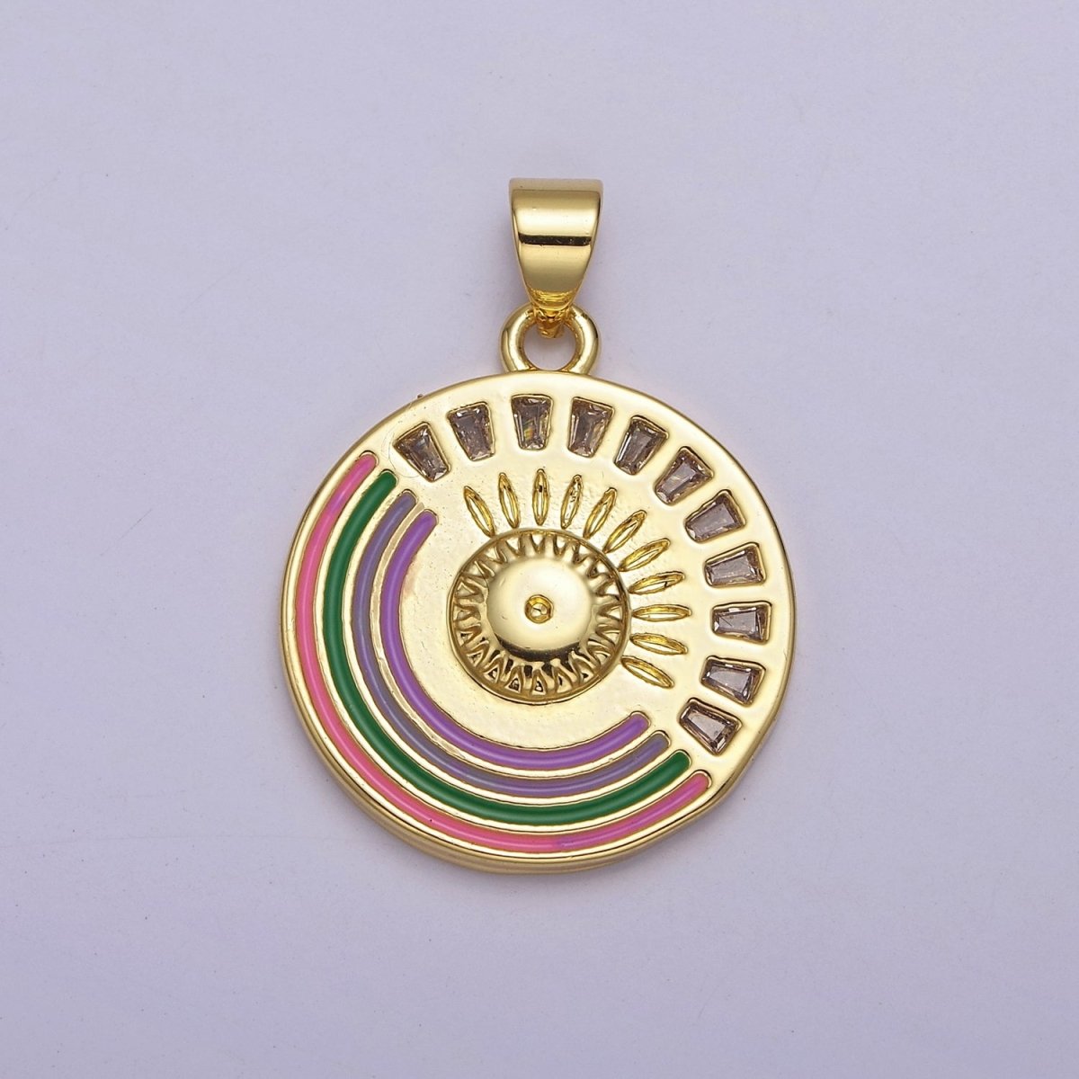 Gold Rainbow Medallion Pendant Round Disc Celestial Jewelry for Necklace Earring Charm J-069 - DLUXCA