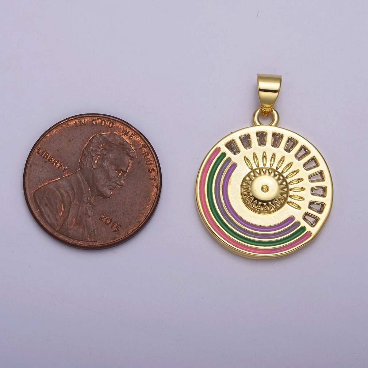 Gold Rainbow Medallion Pendant Round Disc Celestial Jewelry for Necklace Earring Charm J-069 - DLUXCA