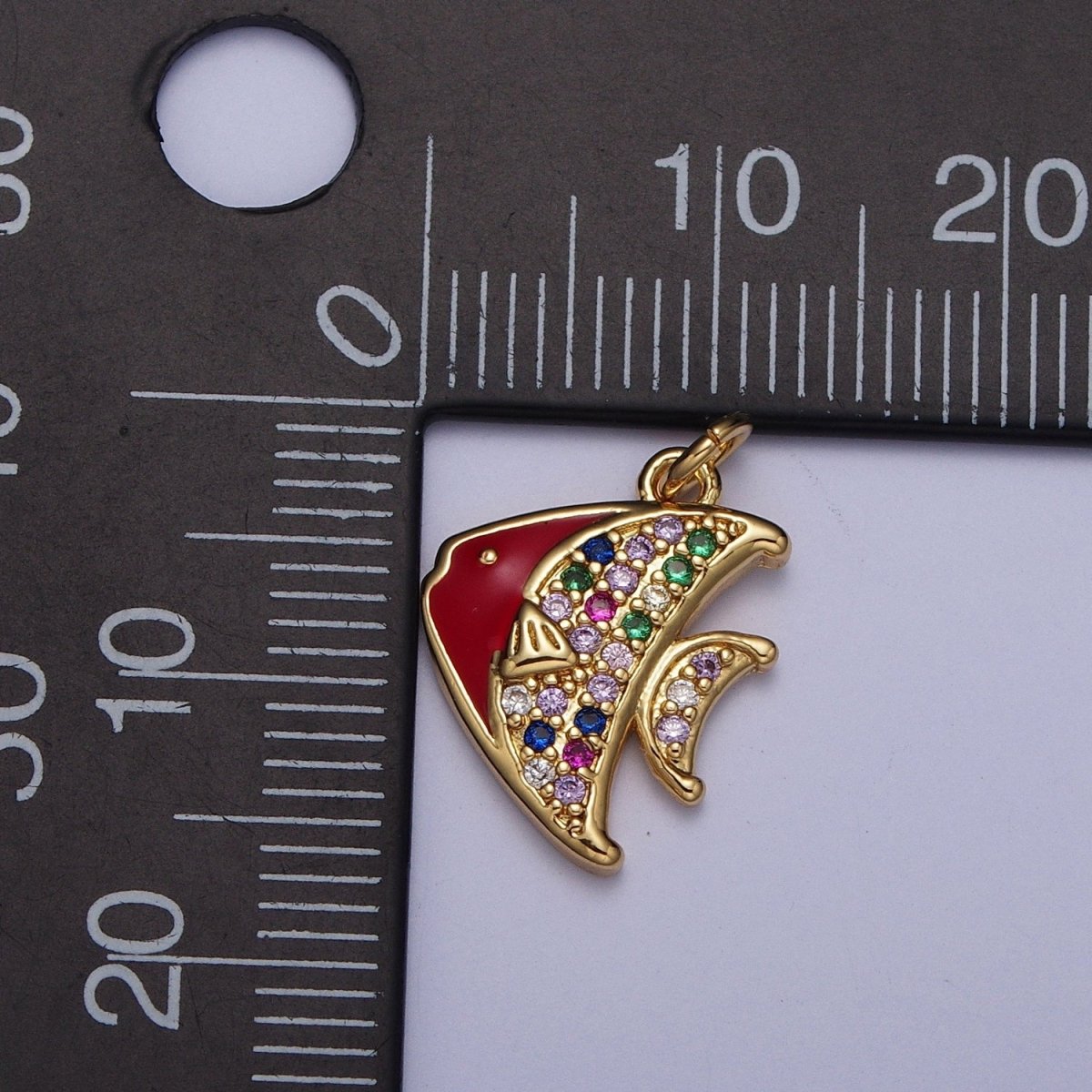 Gold Rainbow Spadefish Charm, Multicolor CZ Red Enamel Fish Sea Wildlife Charm For Jewelry Making AG-120 - DLUXCA