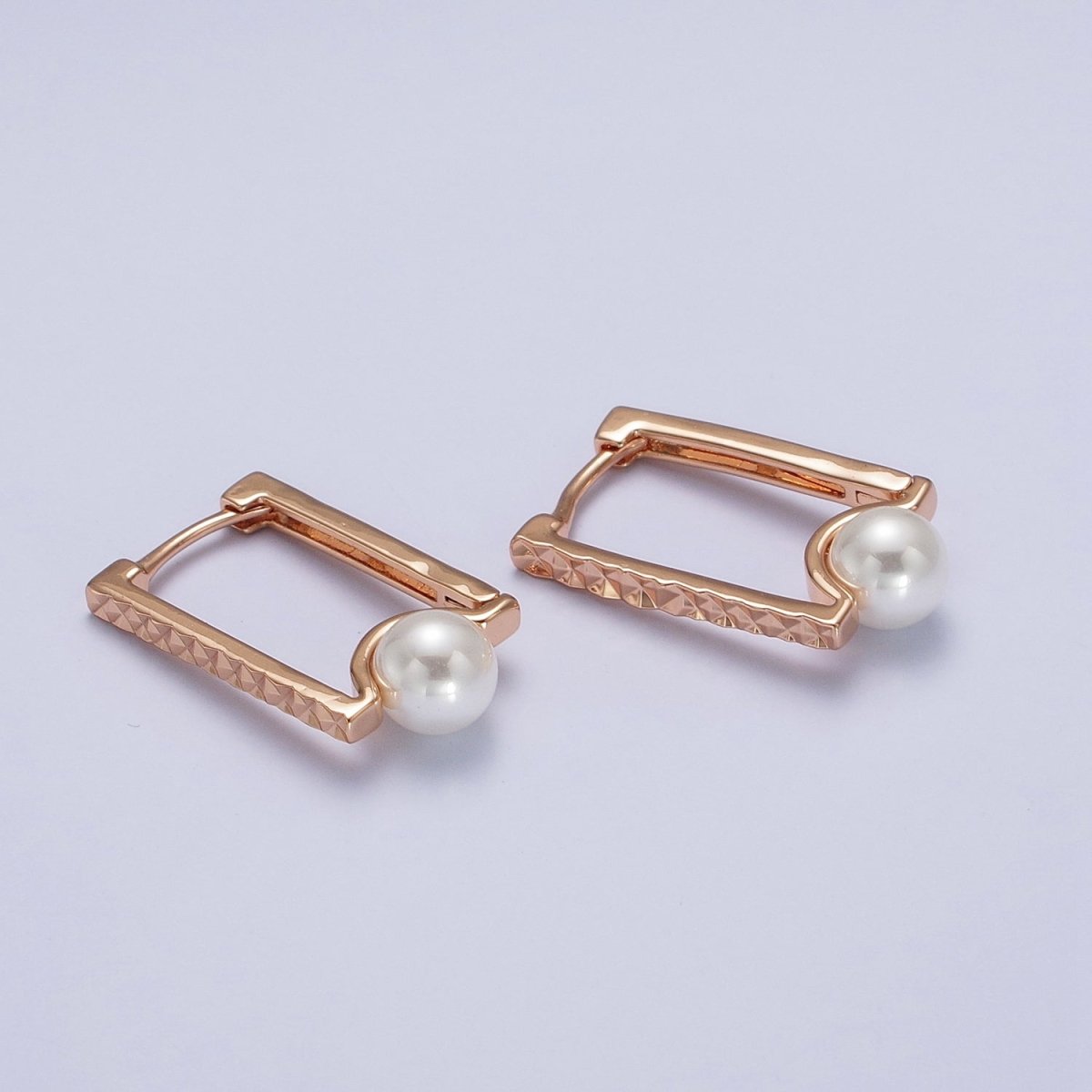 Gold Rectangle Hoop Textured Earrings Diamond Cut Geometric Earrings Pearl Hoop Earrings | AB125 - DLUXCA