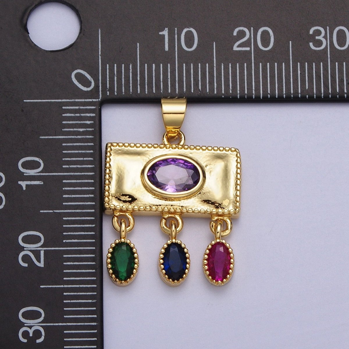 Gold Rectangular Purple Oval Multicolor CZ Dangle Pendant | AA009 - DLUXCA
