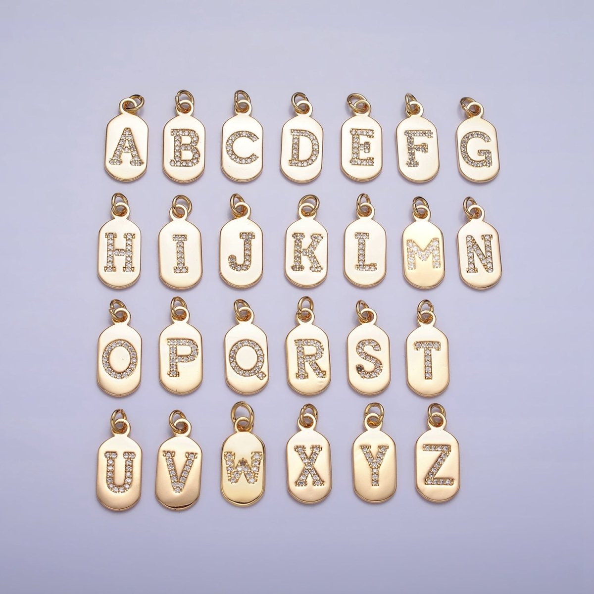 Gold Rectangular tag CZ Clear Micro Paved Personalized Initial Alphabet Name Tag Charm | AD027 - AD052 - DLUXCA