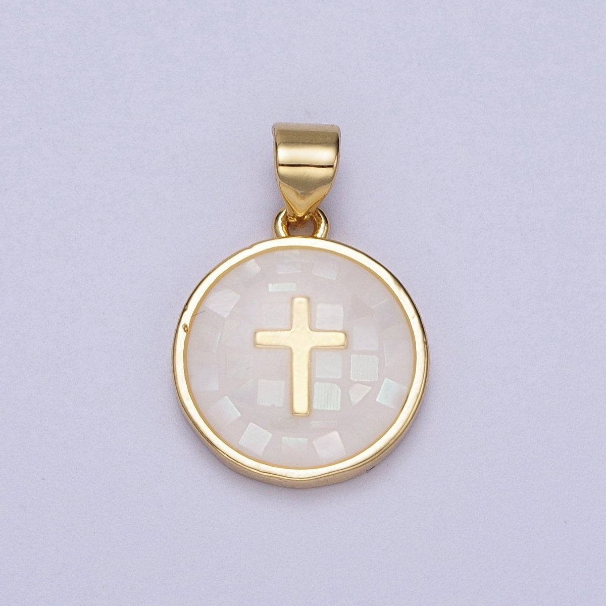 Gold Religious Cross Pink, White, Teal, Abalone, Green Shell Opal Round Pendant I-075 I-829 I-847 I-881 I-887 - DLUXCA