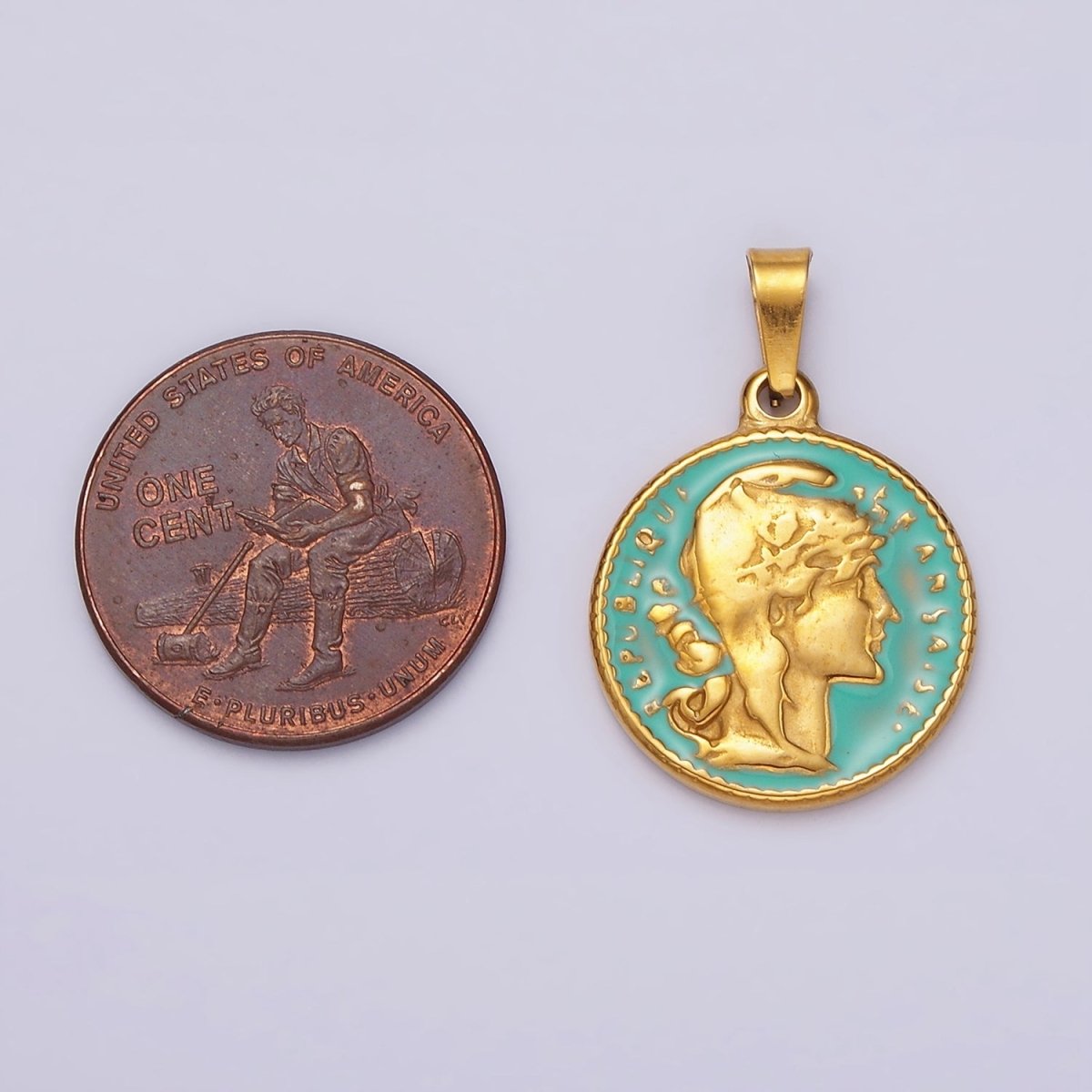 Gold Republic of Roman Coin Charm Pendant Stainless Steel Teal Enamel Pendant P-835 - DLUXCA