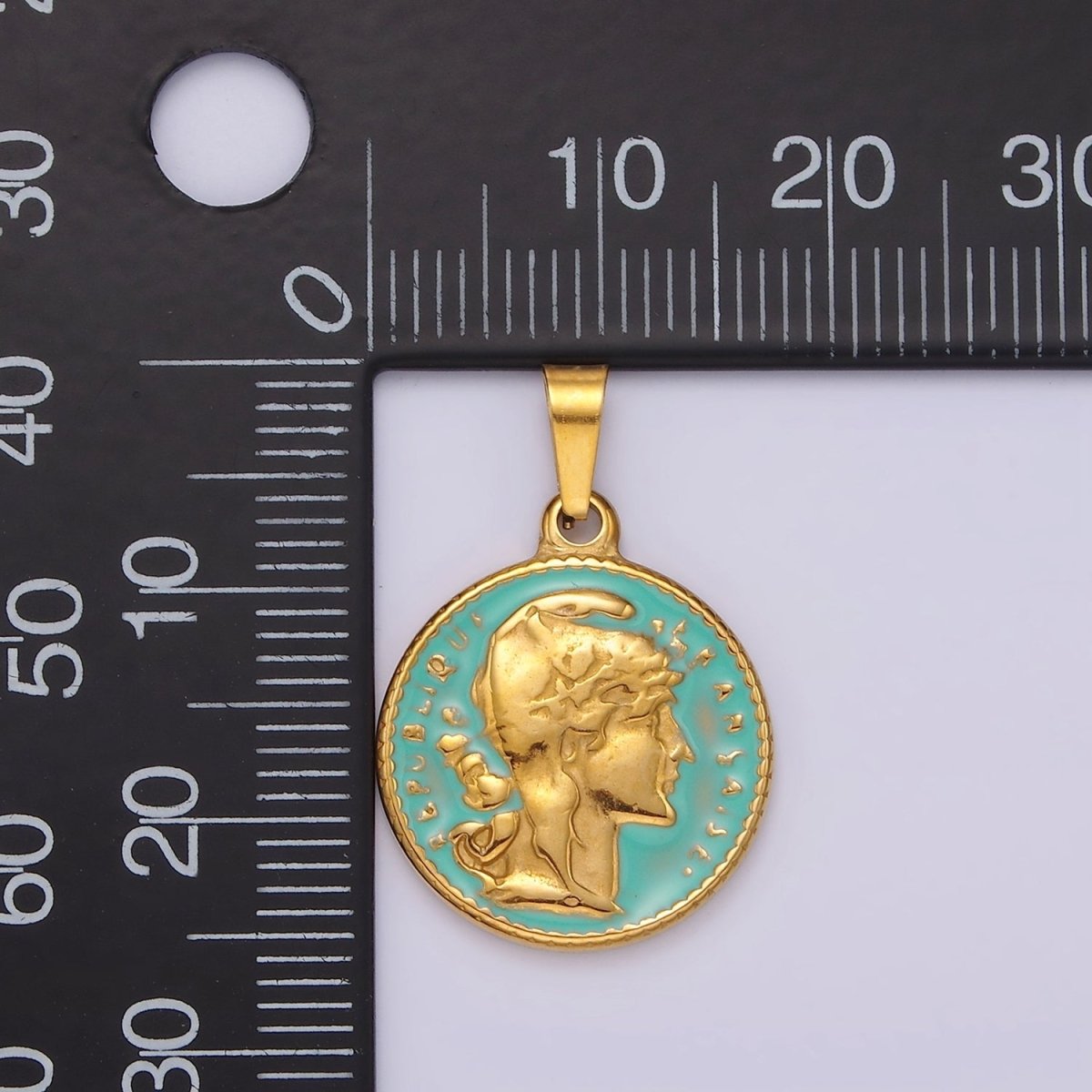 Gold Republic of Roman Coin Charm Pendant Stainless Steel Teal Enamel Pendant P-835 - DLUXCA