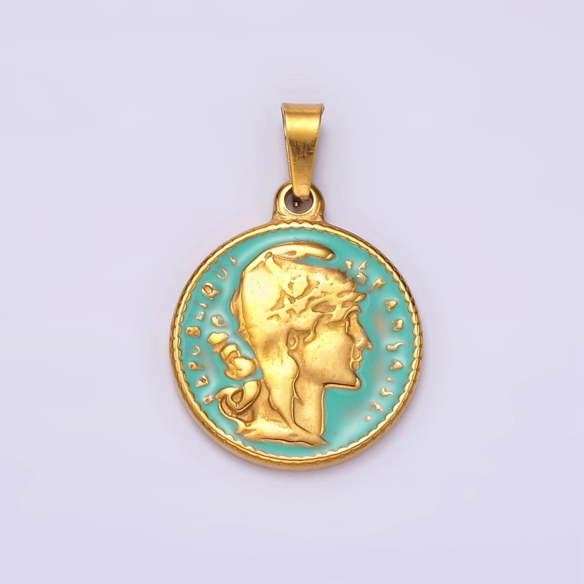 Gold Republic of Roman Coin Charm Pendant Stainless Steel Teal Enamel Pendant P-835 - DLUXCA