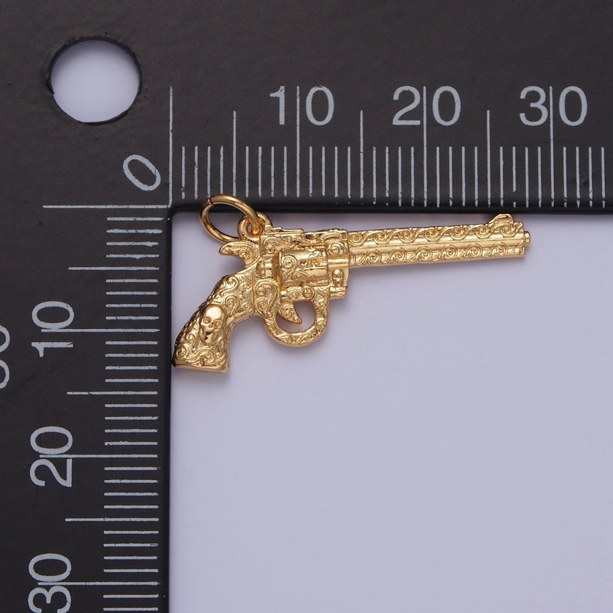 Gold Revolver Pistol Gun w. Wave Curls Patterns & Skull Handle Charm | X-142 - DLUXCA