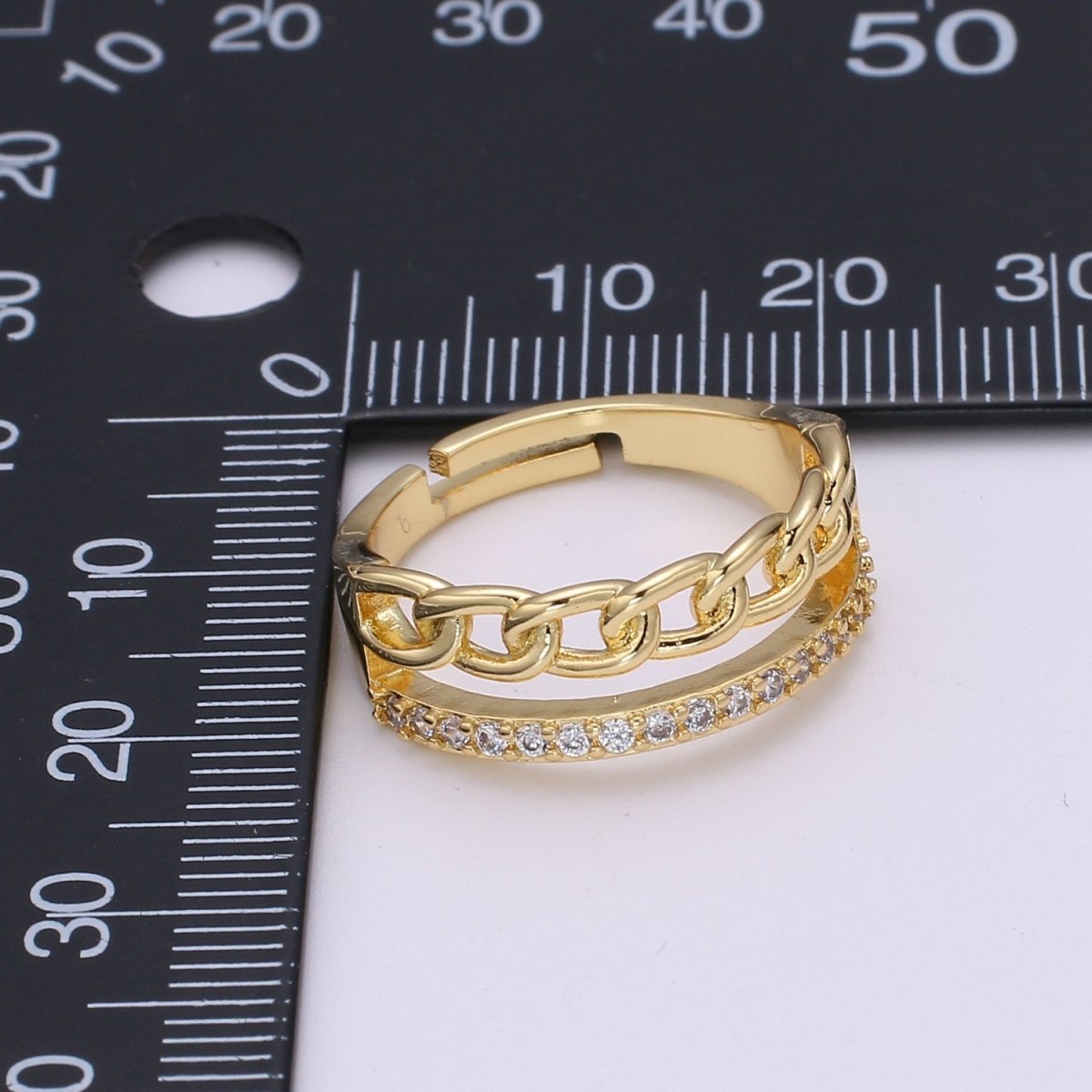 Gold Ring, Adjustable Gold Curb Ring, Micro Pave Gold Band Ring, Shiny Double Band Ring for Statement Jewelry O-286 - DLUXCA