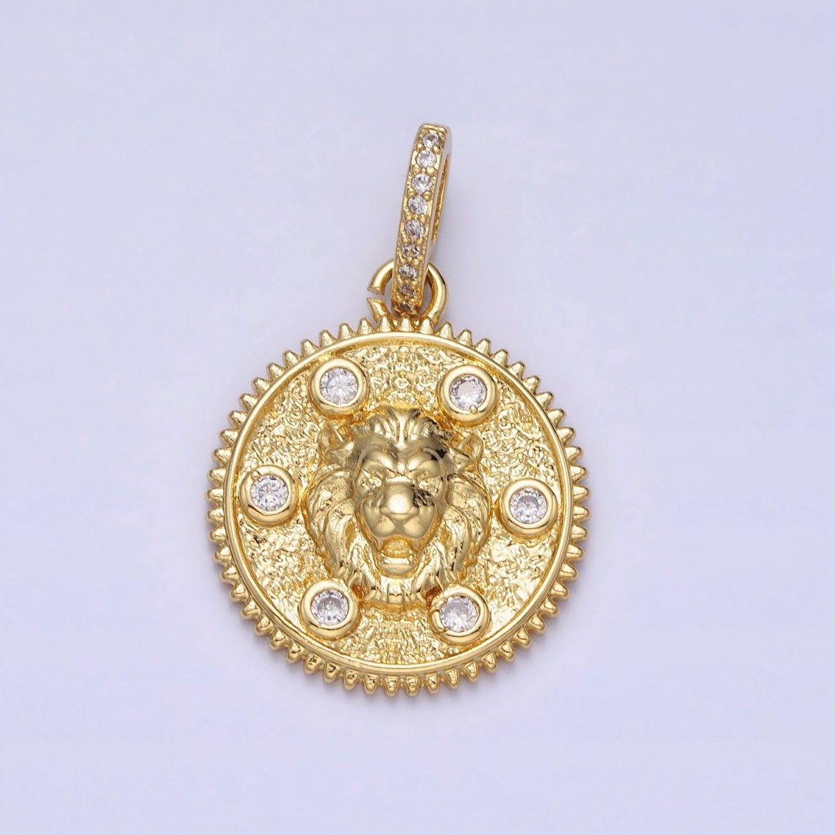 Gold Roaring Lion Clear Round CZ Micro Paved Bail Textured Animal Medallion Pendant | AA159 - DLUXCA