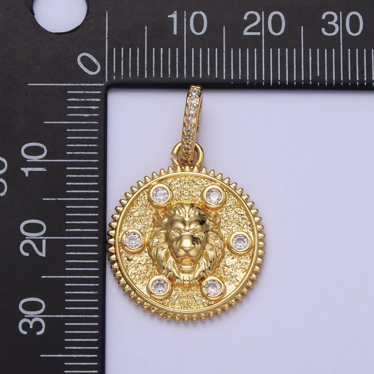 Gold Roaring Lion Clear Round CZ Micro Paved Bail Textured Animal Medallion Pendant | AA159 - DLUXCA