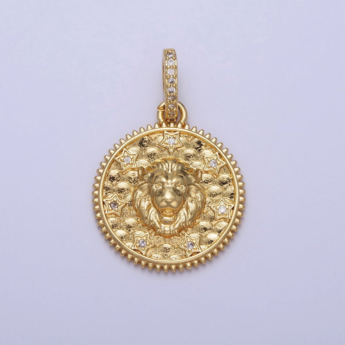 Gold Roaring Lion Clear Star CZ Micro Paved Bail Textured Scaled Medallion Pendant | AA167 - DLUXCA