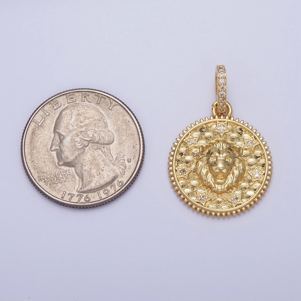 Gold Roaring Lion Clear Star CZ Micro Paved Bail Textured Scaled Medallion Pendant | AA167 - DLUXCA