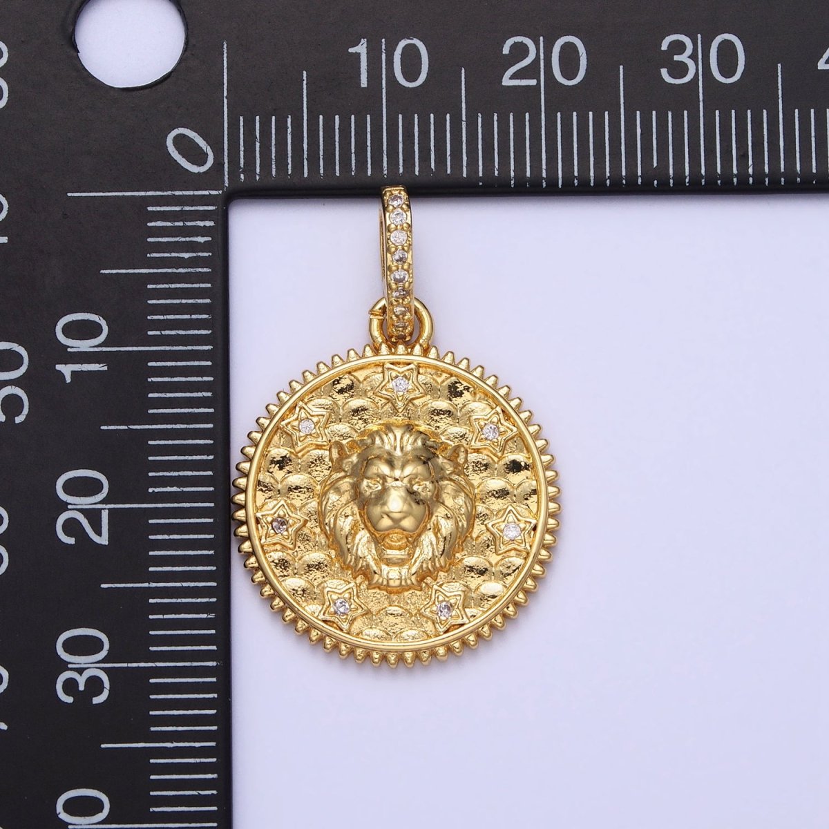Gold Roaring Lion Clear Star CZ Micro Paved Bail Textured Scaled Medallion Pendant | AA167 - DLUXCA