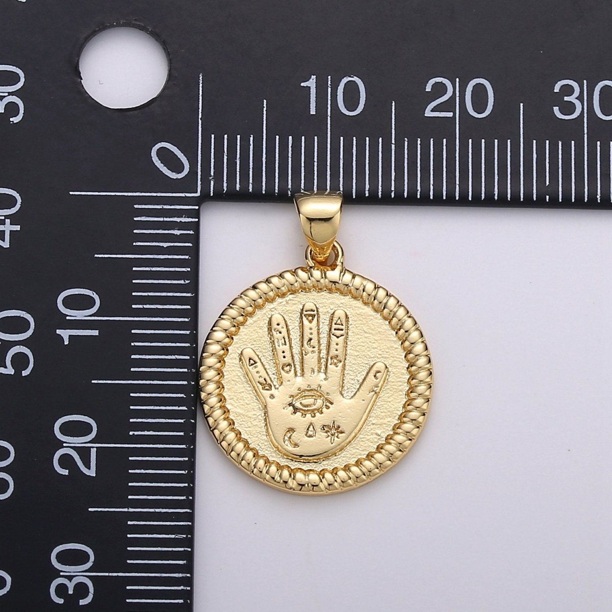 Gold Round Hamsa Hand Coin Medallion Pendant Charm - 14k Gold Filled Amulet Round Circle Pendant, Protection Evil Eye I-738 - DLUXCA