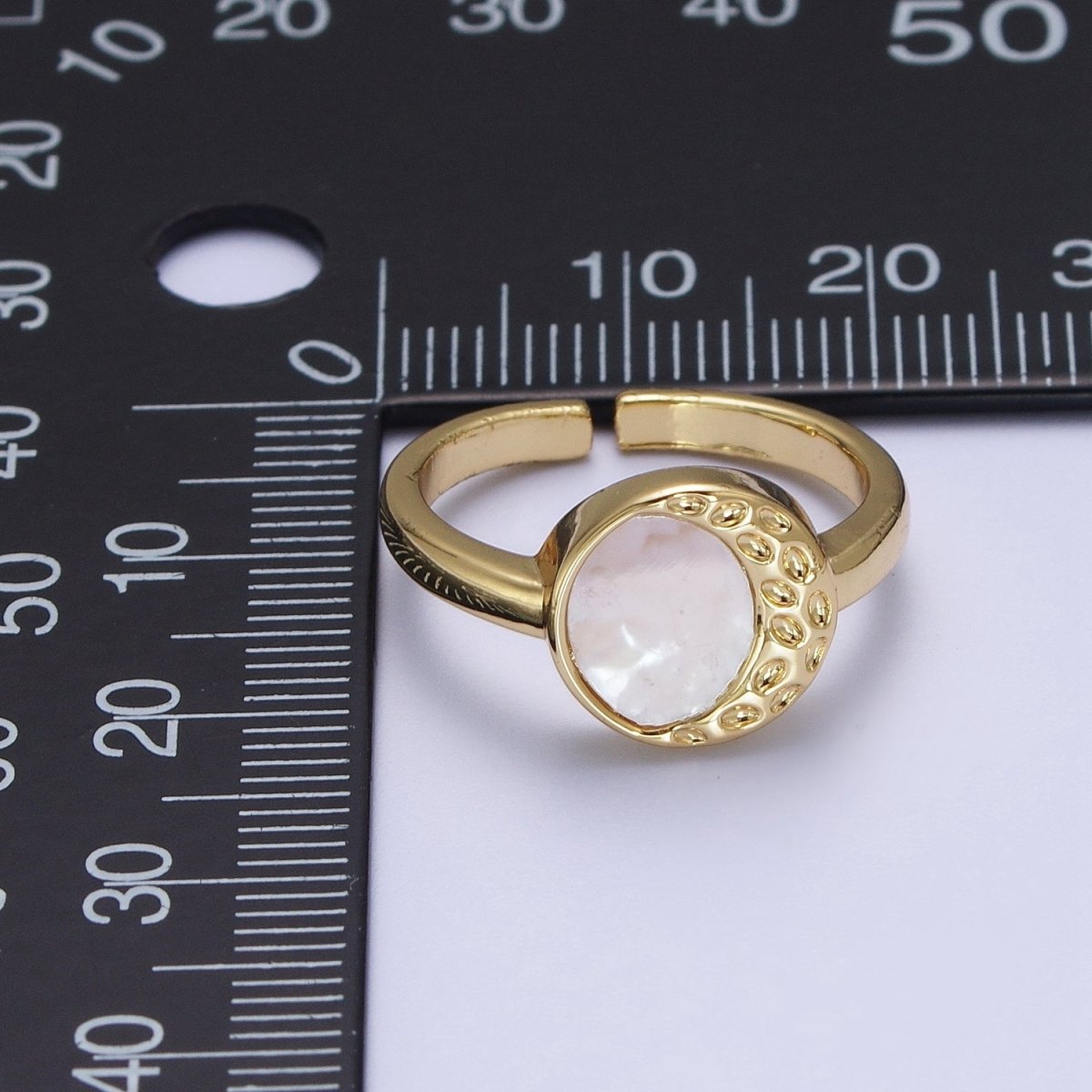 Gold Round Shell Pearl Crescent Textured Moon Adjustable Minimalist Ring | O-133 - DLUXCA