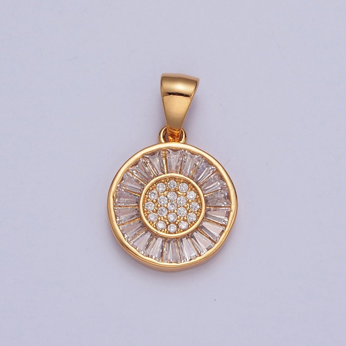 Gold Round Sunflower Sun Baguette CZ Pendant For Necklace Making X-377 - DLUXCA