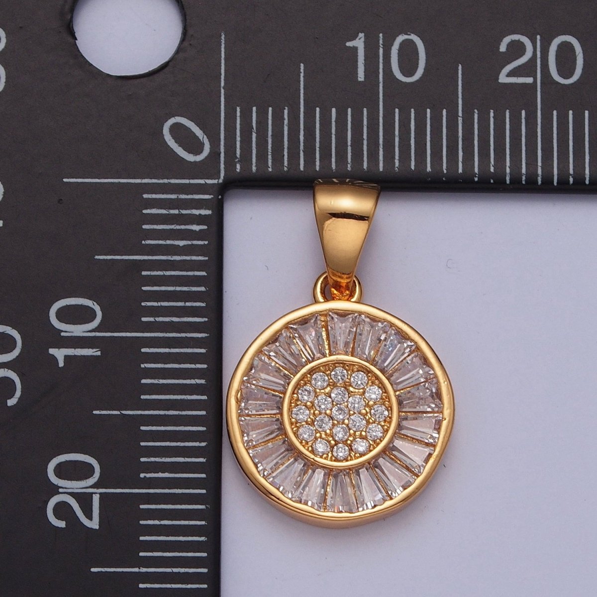 Gold Round Sunflower Sun Baguette CZ Pendant For Necklace Making X-377 - DLUXCA