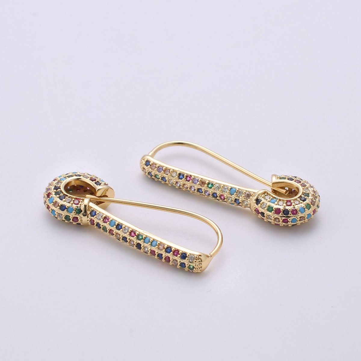Gold Safety pin earrings- sparkly safety pins/ needle earrings/ Micro pave safety pin drop earrings Rainbow Colorful Safety Pin Earring, K-446 - DLUXCA