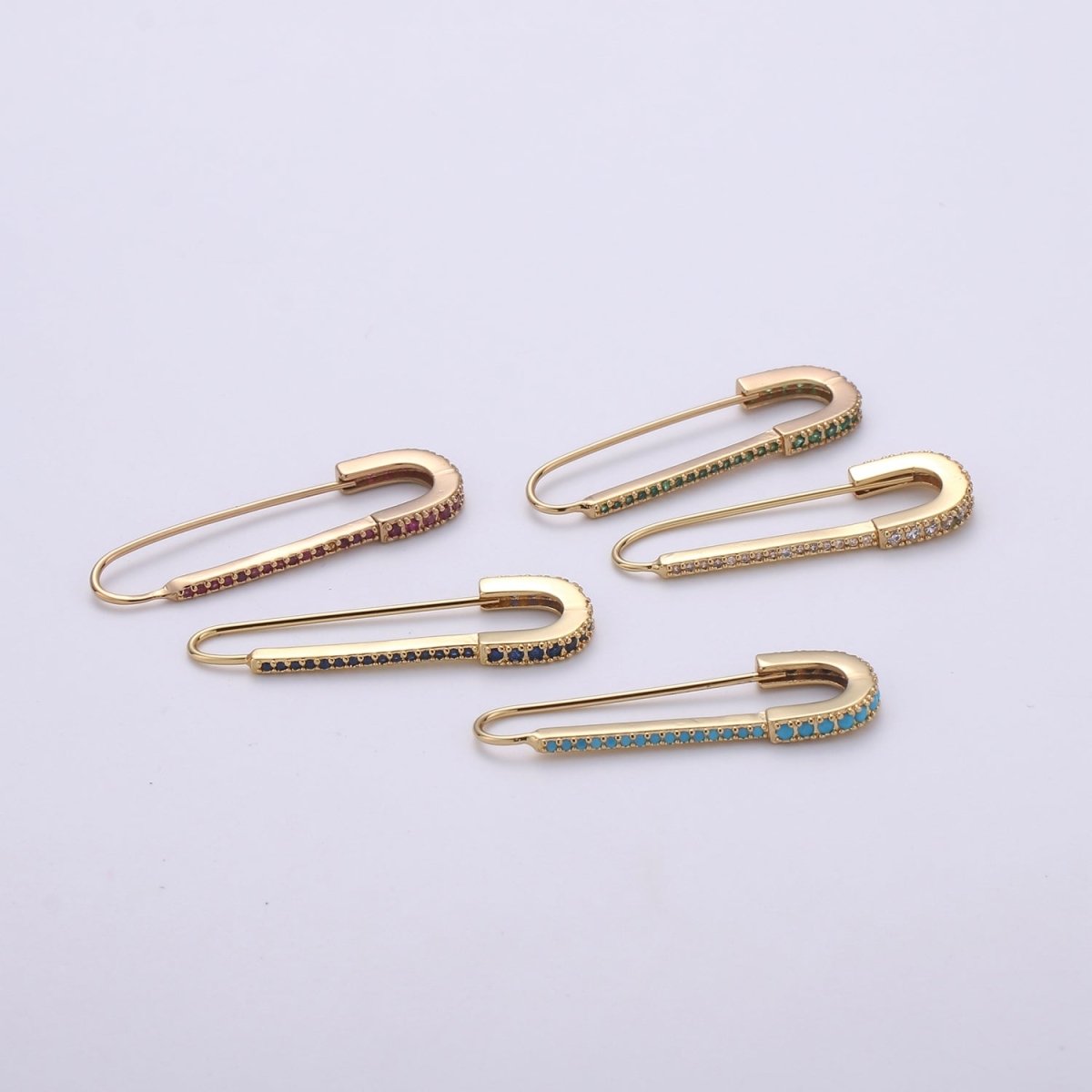 Gold Safety pin Supply Charm sparkly safety pins/ needle earring / Micro pave safety pin drop earring Clear Cubic Safety Pin Earring K-528 K-833 - DLUXCA