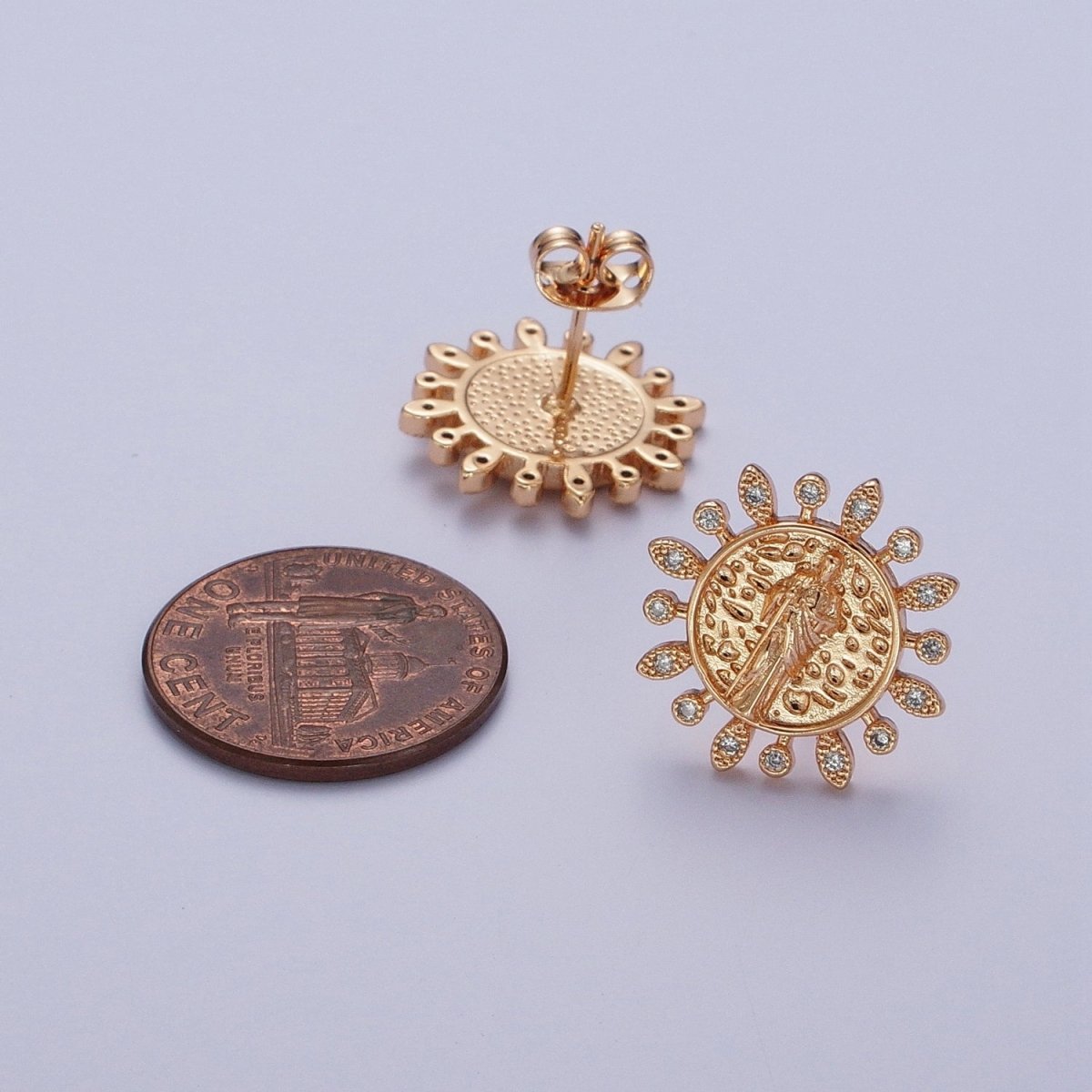 Gold Saint Jude Stud Earring Sun Medallion San Judas Earring Catholic Religious Jewelry Gift AE-1046 - DLUXCA