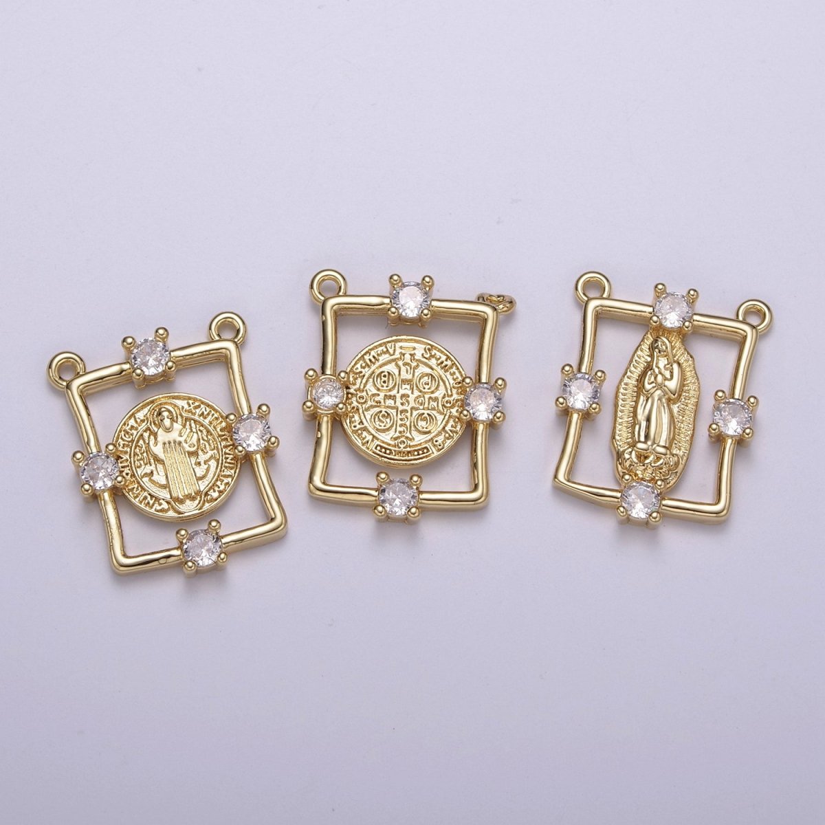 Gold Saint St Benedict, Lady Guadalupe Medallion Protection Square Charms Connector Necklace Pendant, Religious Necklace Charms, 20.6*16mm N-109 - N-111 - DLUXCA