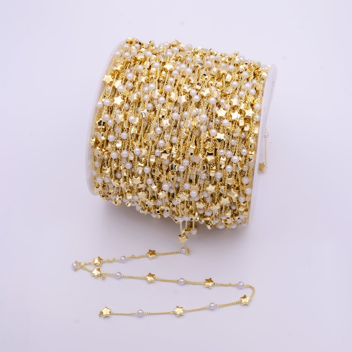 Gold Satellite Pearl & Celestial Star Bead Chain Wholesale by Yard For DIY Jewelry Making Component | ROLL-826 Clearance Pricing - DLUXCA