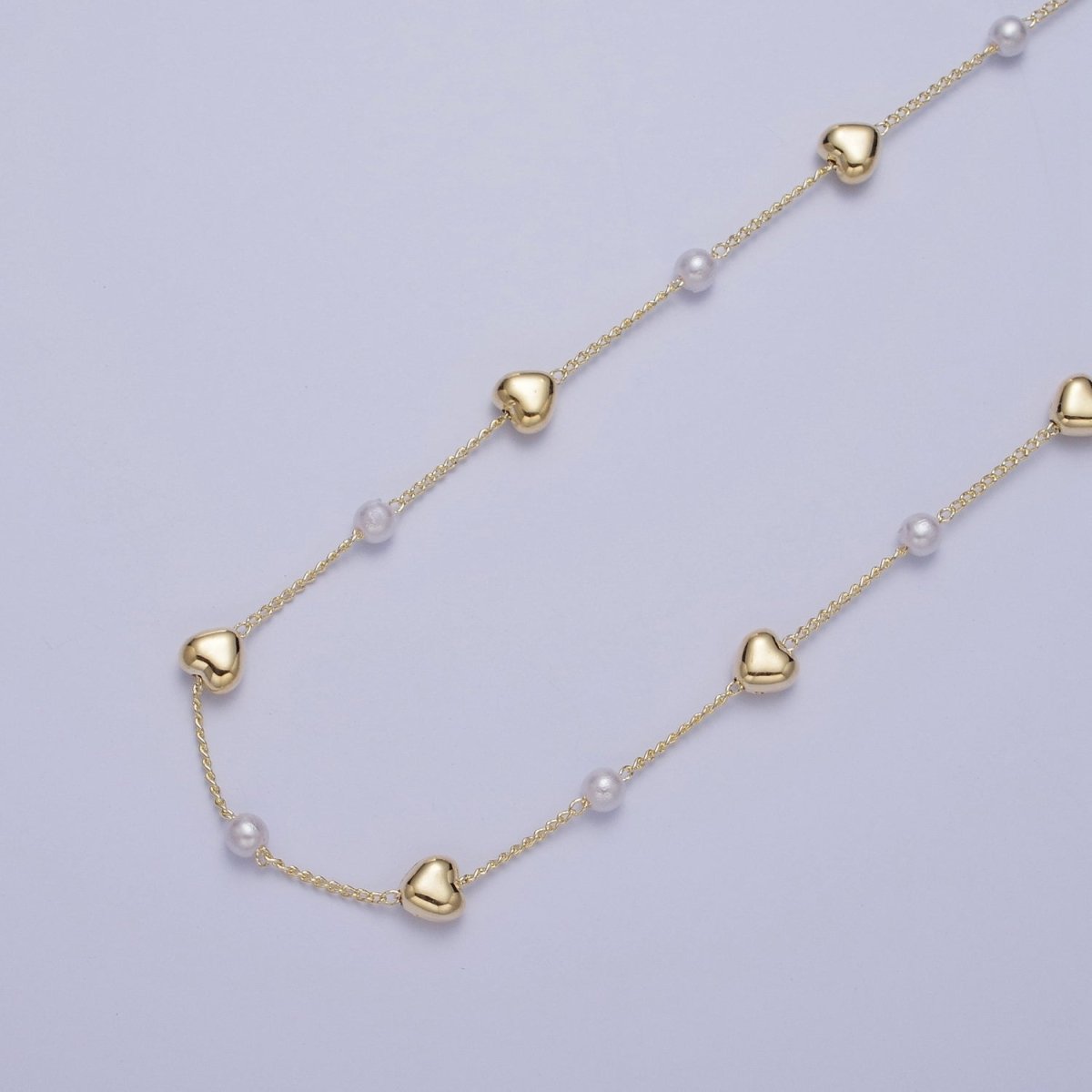 Gold Satellite Pearl & Heart Love Bead Chain Wholesale by Yard For DIY Jewelry Making Component | ROLL-830 Clearance Pricing - DLUXCA