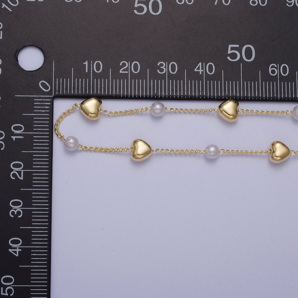 Gold Satellite Pearl & Heart Love Bead Chain Wholesale by Yard For DIY Jewelry Making Component | ROLL-830 Clearance Pricing - DLUXCA
