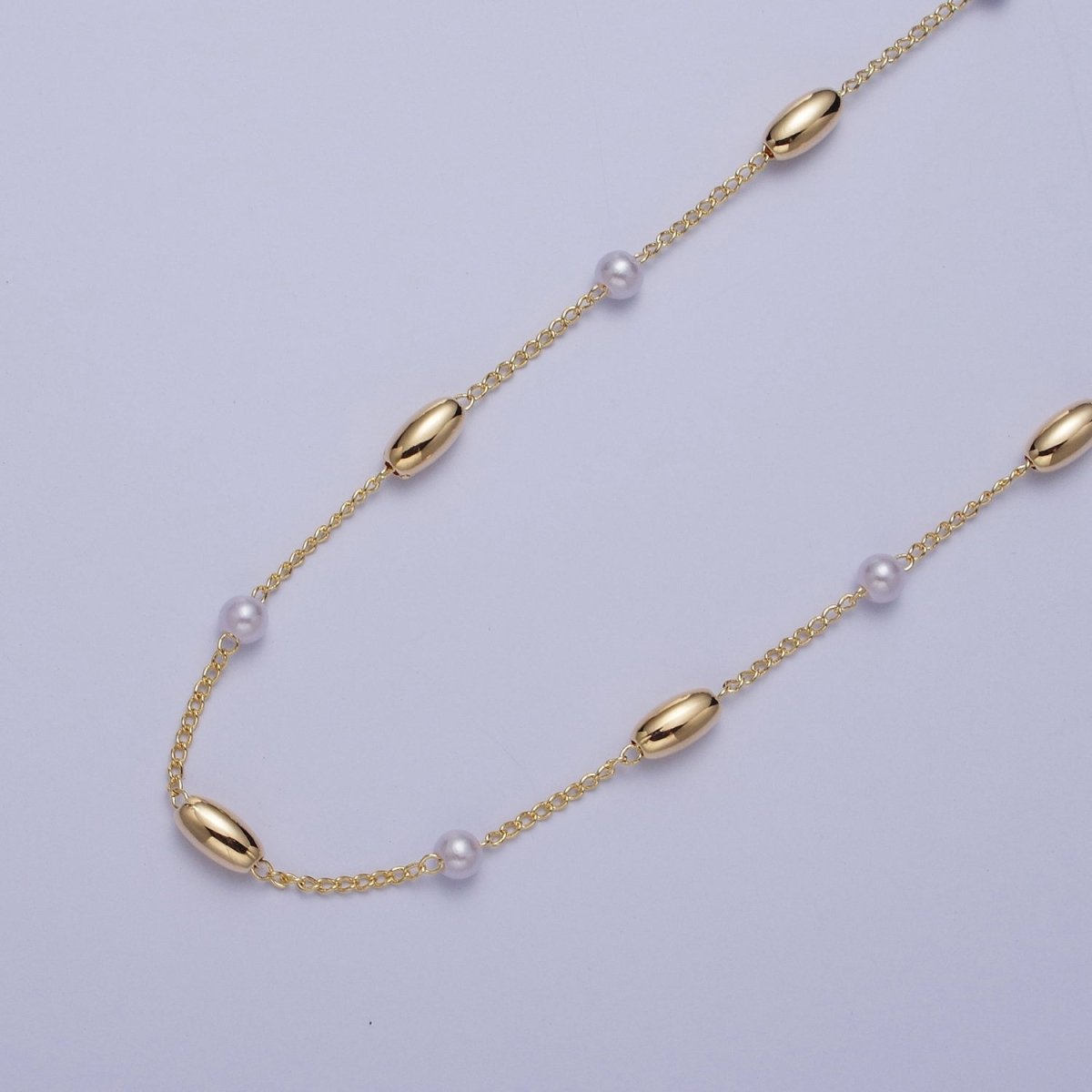 Gold Satellite Pearl & Long Oval Bead Chain Wholesale by Yard For DIY Jewelry Making Component | ROLL-831 Clearance Pricing - DLUXCA