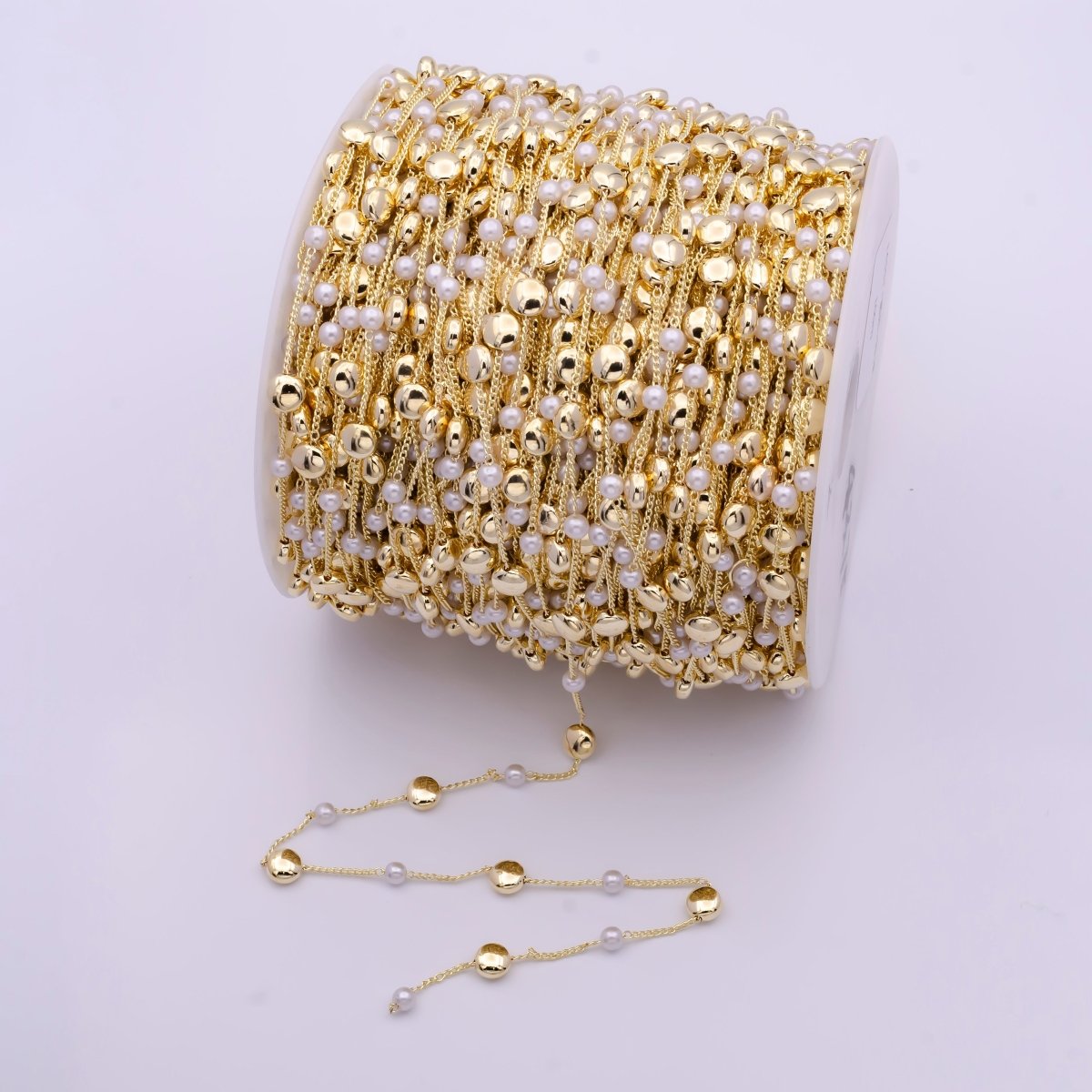 Gold Satellite Pearl & Round Circle Bead Chain Wholesale by Yard For DIY Jewelry Making Component | ROLL-825 Clearance Pricing - DLUXCA