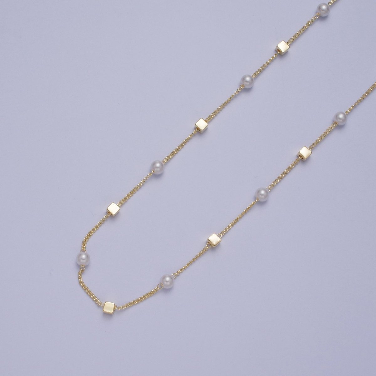 Gold Satellite Pearl & Square Box Bead Chain Wholesale by Yard For DIY Jewelry Making Component | ROLL-836 Clearance Pricing - DLUXCA