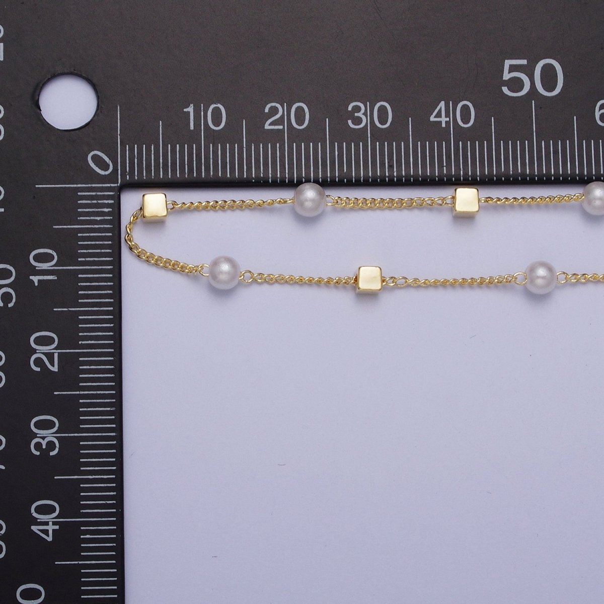 Gold Satellite Pearl & Square Box Bead Chain Wholesale by Yard For DIY Jewelry Making Component | ROLL-836 Clearance Pricing - DLUXCA