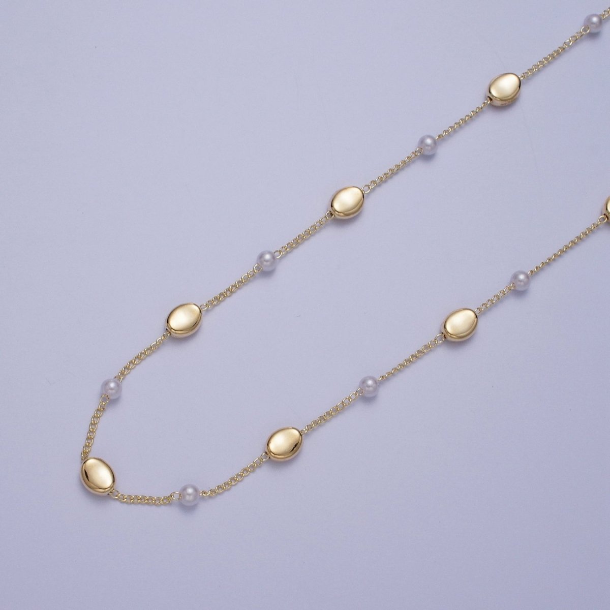 Gold Satellite Pearl & Wide Oval Bead Chain Wholesale by Yard For DIY Jewelry Making Component | ROLL-835 Clearance Pricing - DLUXCA