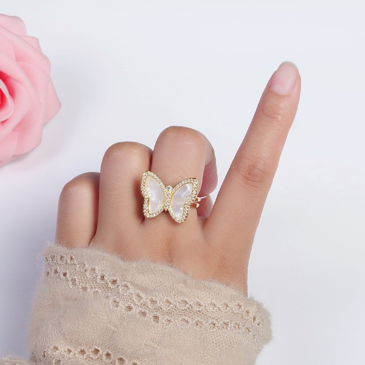 Gold Shell Pearl Butterfly Mariposa Micro Paved CZ Adjustable Double Band Ring | Y-443 - DLUXCA