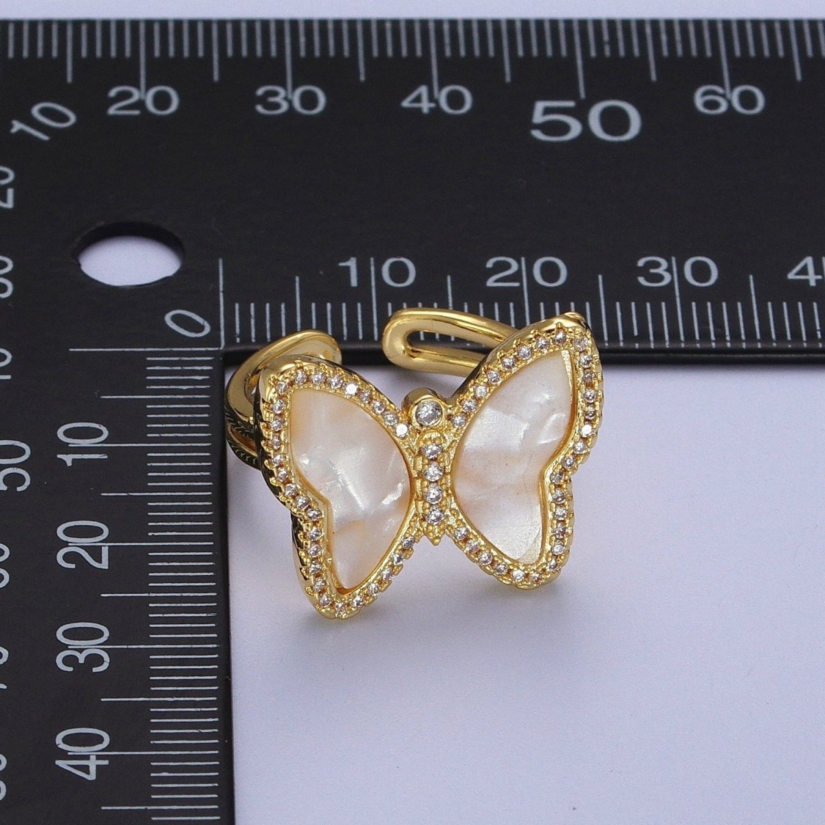 Gold Shell Pearl Butterfly Mariposa Micro Paved CZ Adjustable Double Band Ring | Y-443 - DLUXCA