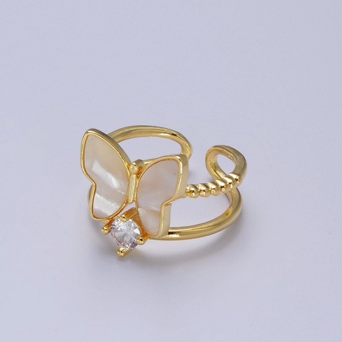 Gold Shell Pearl Butterfly Mariposa Round Clear CZ Adjustable Beaded Double Band Ring | Y-444 - DLUXCA