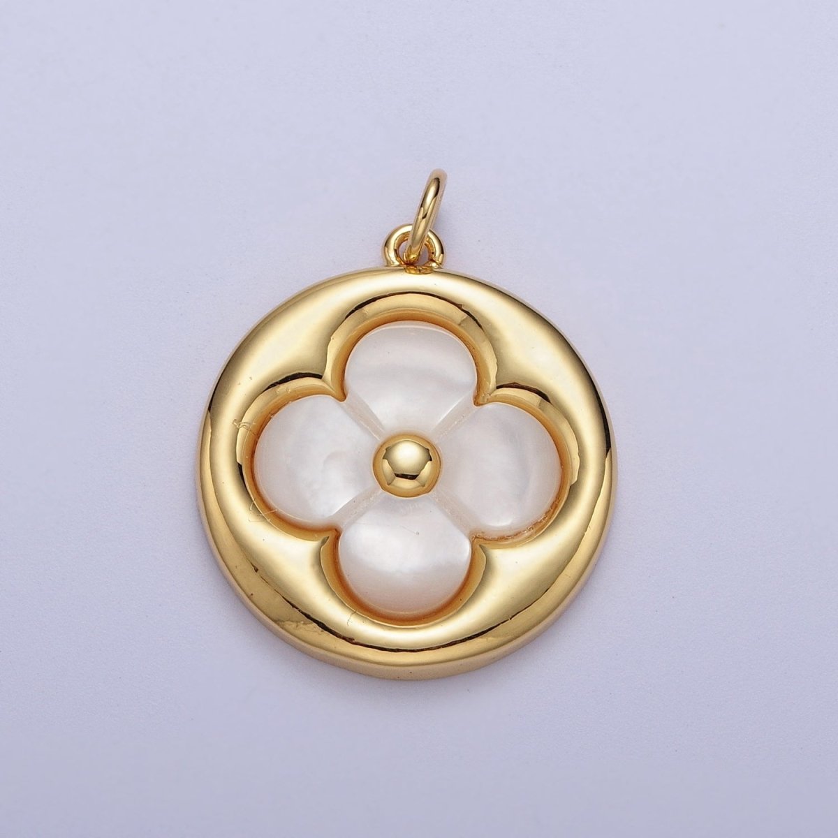 Gold Shell Pearl Lucky Clover Quatrefoil Round Charm For St. Patrick Day Jewelry Making | C-706 - DLUXCA