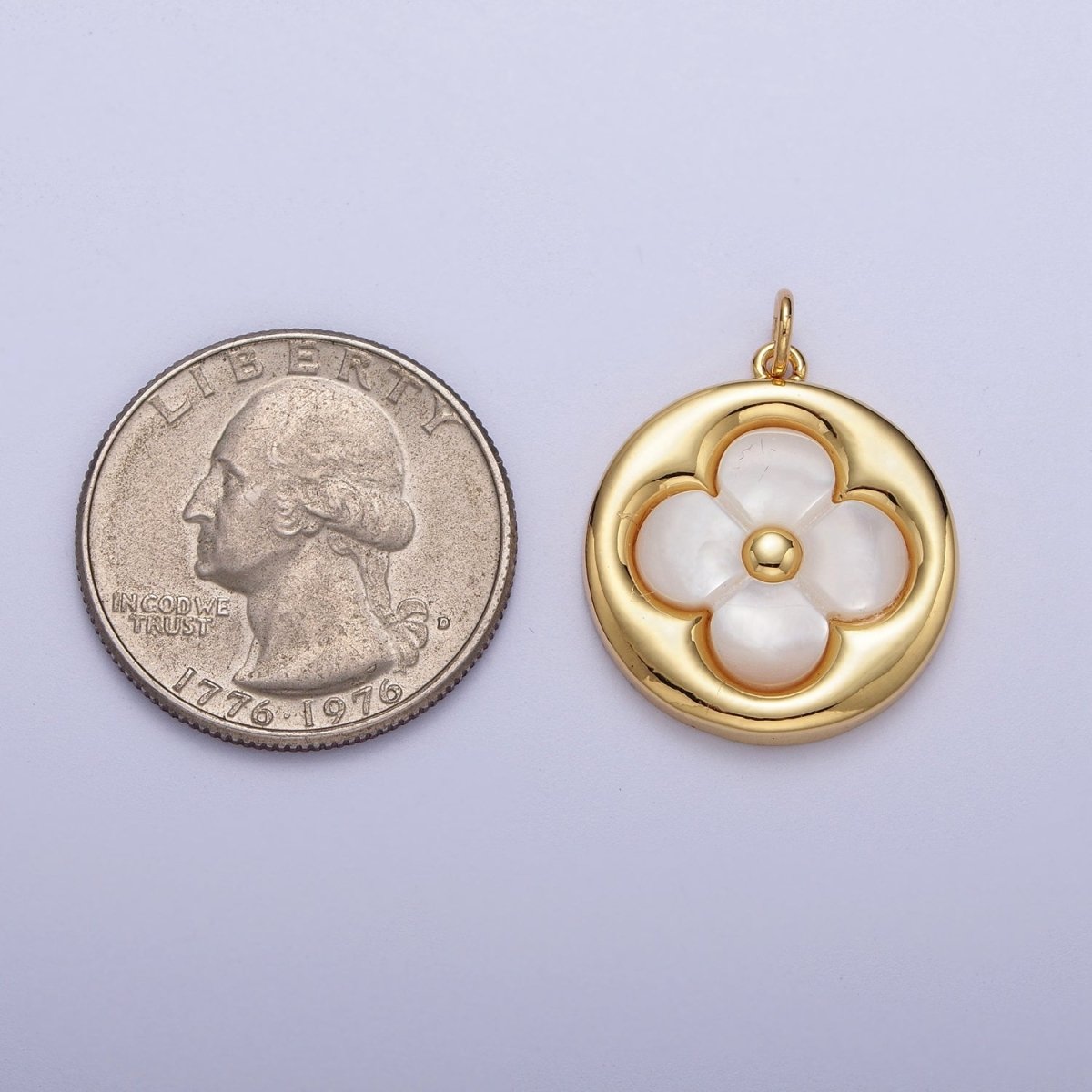 Gold Shell Pearl Lucky Clover Quatrefoil Round Charm For St. Patrick Day Jewelry Making | C-706 - DLUXCA