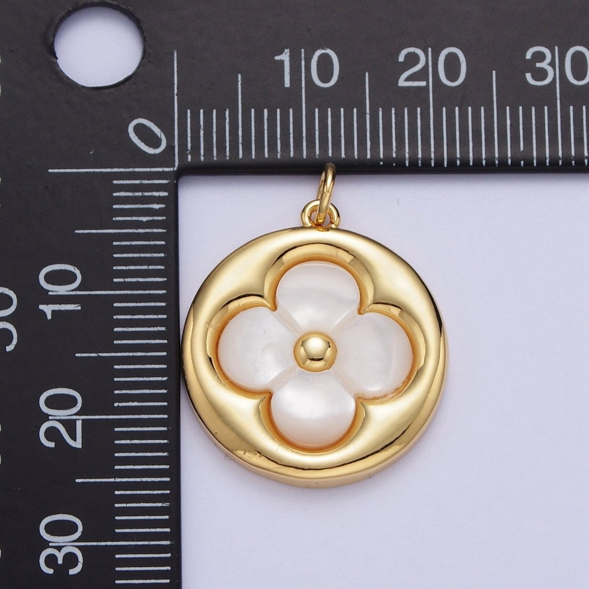 Gold Shell Pearl Lucky Clover Quatrefoil Round Charm For St. Patrick Day Jewelry Making | C-706 - DLUXCA