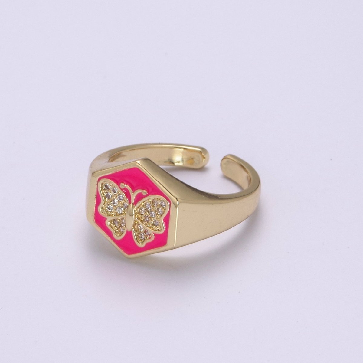 Gold signet ring, Butterfly signet ring, Enamel ring gold butterfly ring Stackable Jewelry U-171~U-175 - DLUXCA