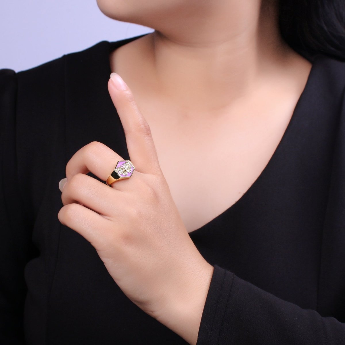 Gold signet ring, Butterfly signet ring, Enamel ring gold butterfly ring Stackable Jewelry U-171~U-175 - DLUXCA